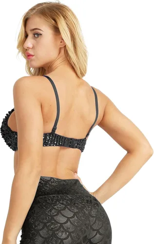 Vista 3 de Alvivi Brasier con purpurina brillante para mujer, para baile rave, danza del vientre, disfraz para club, color negro, talla S