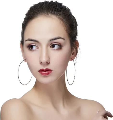 Vista 2 de Aretes de aro de baloncesto hipoalergénicos extra grandes para mujeres y hombres, aretes de aro grandes y finos, Metal, No es una piedra preciosa