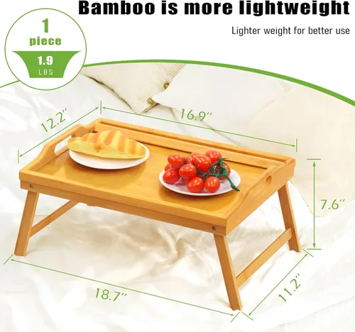 Vista 2 de Mesa Bandeja para Cama Bandejas de Desayuno Bandeja de Servir Altura Ajustable para Comer Cama de Bambú Laptop Plegable Patas con Asas y Soportes