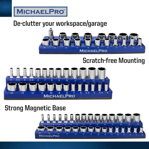 Vista 3 de MichaelPro MP014002 - Organizador magnético de zócalos, bandeja organizadora magnética de 3 piezas de 1/4 pulgadas, 3/8 pulgadas y 1/2 pulgadas