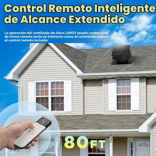 Vista 3 de LANGY Ventilador solar para ático con termostato, ventilador de ventilación solar de techo con panel solar de 55 W, ventilador de escape de techo
