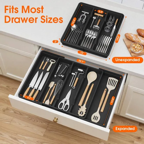 Vista 2 de Organizador grande de cubiertos, organizador de cajones de utensilios expandible para cajones de cocina, organizador de cajones de cocina