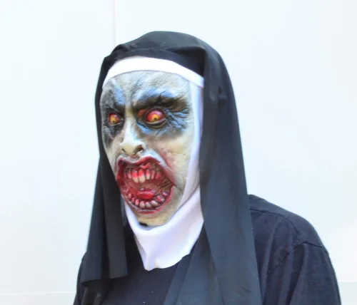 Vista 2 de Acid Tactical VALAK - Máscara de látex espeluznante de película de monja con velo de capucha