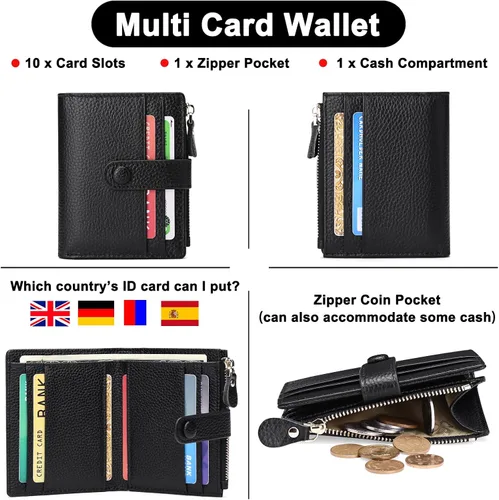 Vista 4 de FALAN MULE - Carteras pequeñas para mujer con bloqueo RFID, piel auténtica, cartera plegable delgada con cremallera y monedero para monedas