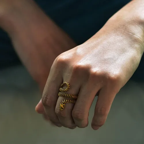 Vista 2 de Anillos de motociclista de acero inoxidable, chapado en oro, vértebras de serpiente negra con lazo para hombres y mujeres, joyería gótica punk