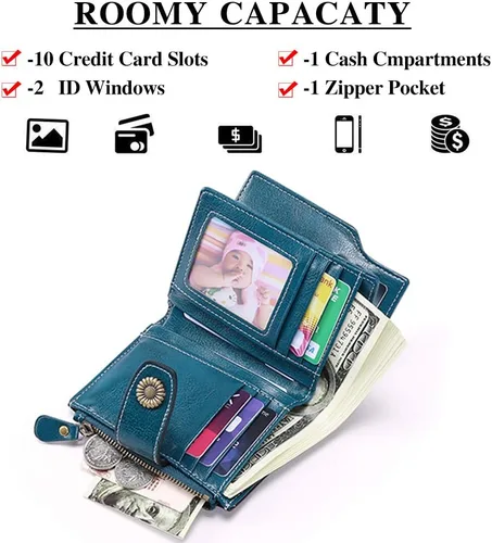 Vista 2 de FALAN MULE - Cartera pequeña plegable para mujer de cuero genuino, compacta, con bloqueo RFID, Azul Patchwork), 5206