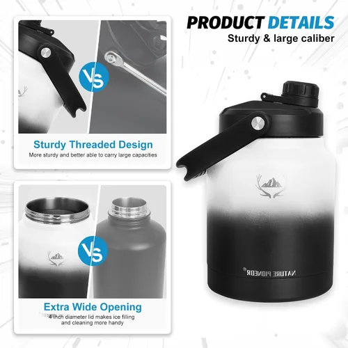 Vista 5 de NATURE PIONEOR Botella de agua aislada de 84 onzas, jarra de agua de acero inoxidable con doble vacío con soporte/portador, boca ancha, deportes al