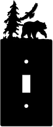 Vista 8 de Eagle & Bear - Placa de pared con interruptor de luz, doble dúplex, habitación de cabaña negra Cubiertas decorativas de metal para enchufe, se