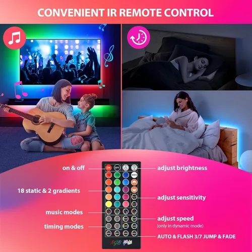 Vista 5 de Tiras de luces LED de 65.6 pies (2 rollos de 32.8 pies), tira de luces RGB que cambia de color 5050 con control remoto IR de 40 teclas, luces