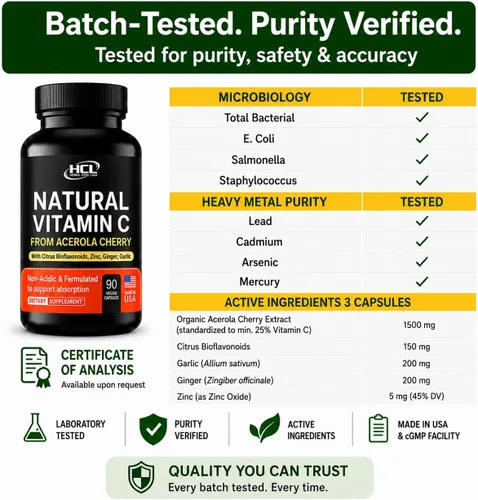 Vista 12 de Vitamina C natural de cereza de acerola orgánica, alta absorción, con bioflavonoides de ajo, jengibre y cítricos, refuerzo del sistema inmunológico