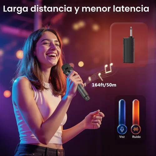Vista 3 de Micrófono inalámbrico, sistema profesional de micrófono dinámico inalámbrico de mano dual con receptor recargable, Plug & Play, compatible