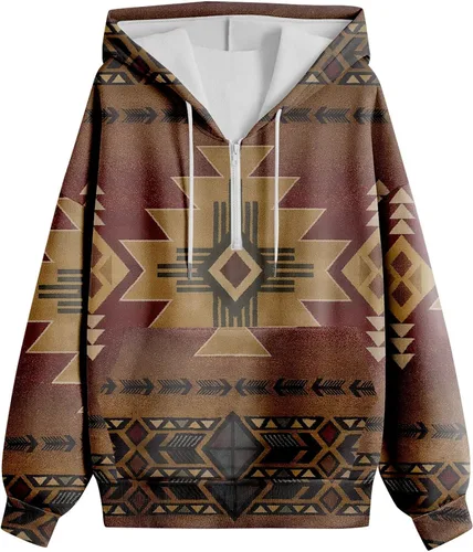 Vista 3 de Sudadera con capucha azteca para mujer, estilo étnico occidental, con estampado geométrico, cordón ajustable, casual, holgada, con bolsillos, Oro