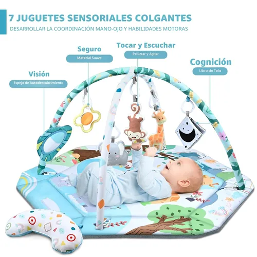 Vista 2 de Tapete de juego para gimnasio para bebé, tapete 8 en 1 para el tiempo boca abajo y piscina de pelotas con 6 juguetes, tapete de juego lavable