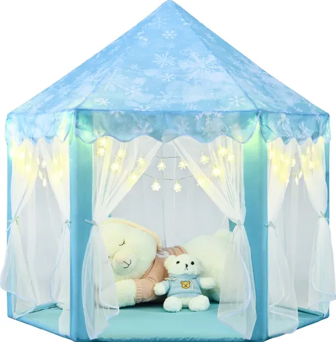 Vista 7 de Tienda de campaña de princesa púrpura para niñas, tienda de campaña para niños con luces LED de estrellas pequeñas, tienda de casa
