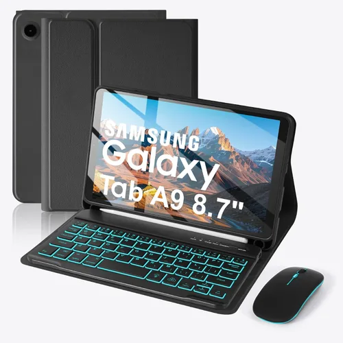 Vista 14 de Funda de teclado para Samsung Galaxy Tab A9 8.7" 2023, retroiluminación de 7 colores, funda de teclado inalámbrico desmontable con soporte para S