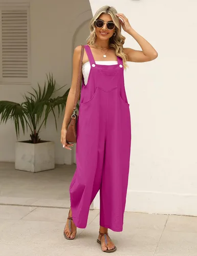 Vista 2 de AMEBELLE Overol suelto de lino de algodón para mujer, sin mangas, con tirantes ajustables, pierna ancha con bolsillos