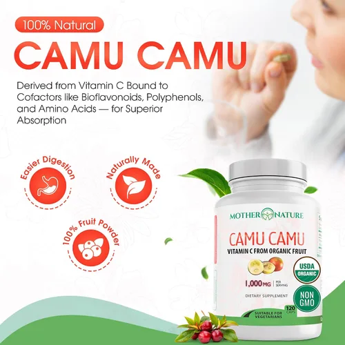 Vista 6 de Cápsulas Mother Nature Organics Camu Berry – Repleto de vitamina C natural y antioxidantes crudos – Refuerzo inmunológico y antienvejecimiento