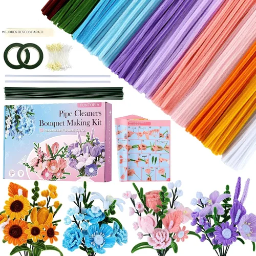 Vista 7 de Kit de Flores de Limpiapipas, 540 Piezas de Limpiapipas para Manualidades con Libro Guía de 15 Diseños, Kit para Hacer Flores con Tallos de Chenille
