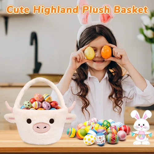 Vista 6 de Cesta de Pascua - Cestas de felpa de vaca blanca de Pascua para niños, suaves y vacías para caza de huevos con asa, lindas decoraciones de dulces