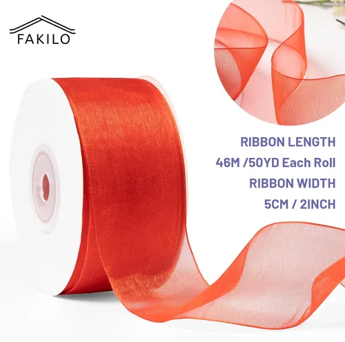 Vista 2 de Cinta de organza roja para envolver regalos, cinta transparente brillante de 2 pulgadas para ramos, bodas, festivales, 50 yardas cada rollo