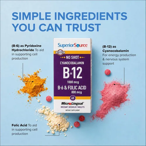 Vista 5 de Superior Source Tableta multivitamínica de ácido fólico B12/B6, 1000 mcg/2 mg/800 mcg, 60