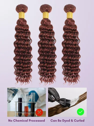 Vista 4 de Cabello Humano Rizado Castaño Rojizo, Trama Gruesa Castaño Cobrizo Rojo Coloreado Ondas Profundas Paquetes Individuales Cabello Humano 12A Tejido