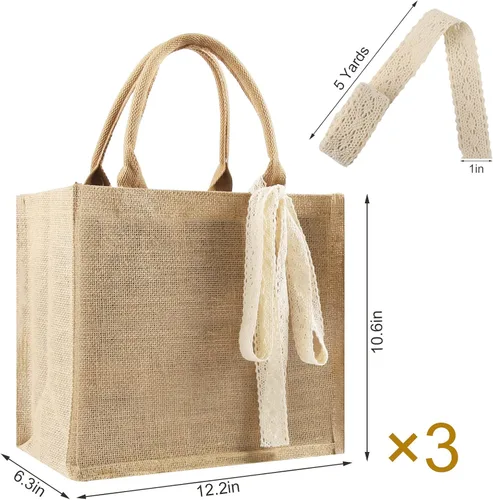 Vista 9 de 3 bolsas de arpillera a granel, bolsa de yute reutilizable con cinta de 5 yardas, bolsa de regalo de arpillera en blanco con asa, bolsa de playa