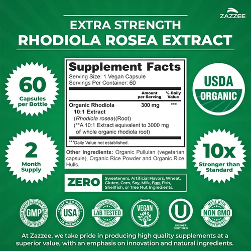 Vista 3 de Zazzee Extracto orgánico de Rhodiola 10:1 USDA, 60 cápsulas, suministro