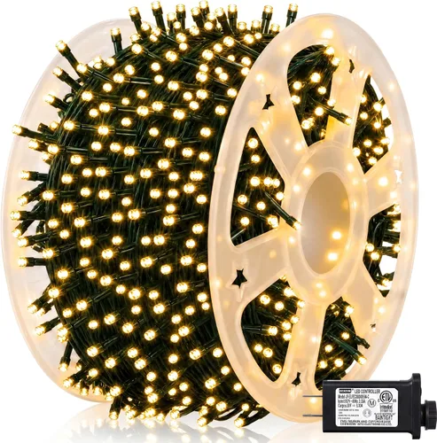 Vista 10 de Dazzle Bright - Guirnalda de luces de Navidad para exteriores, 1000 luces LED de 328 pies, enchufe de luz de hada con control remoto, 8 modos