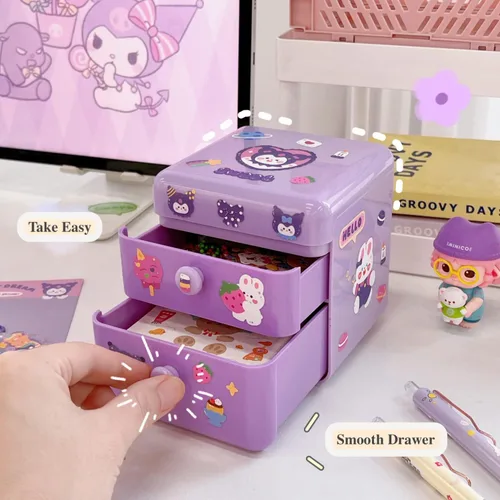 Vista 6 de Organizador de escritorio pequeño Kawaii con tapa y 2 cajones, lindo organizador de escritorio Kawaii con calcomanías de bricolaje para adolescentes