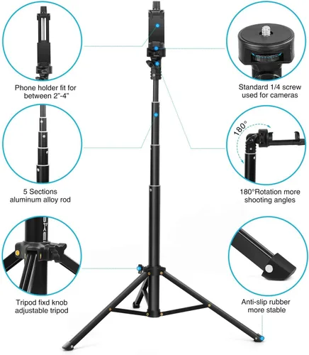 Vista 3 de Yesker Trípode para selfie stick para iPhone Android de 52 pulgadas extensible para teléfono con control remoto Selfie Stick Equipo de grabación