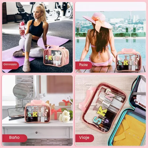 Vista 7 de Geetery Bolsa de maquillaje transparente de doble capa con parche de letras de chenilla, con asa práctica, organizador de cosméticos de nailon y PVC