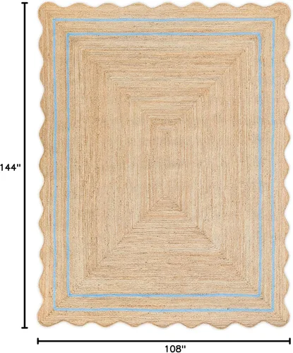 Vista 10 de Alfombra de Yute Natural Ondulada Festoneada - Corredor de Entrada Boho, Festón Estilo Granja, Blanco Roto (8'x10') Camino de entrada bohemio