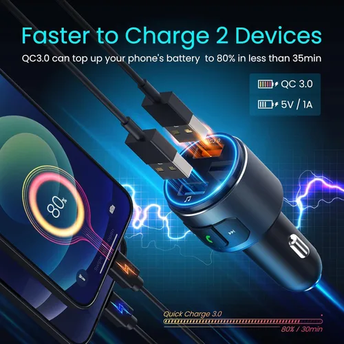 Vista 9 de Versión mejorada V5.3 - Transmisor FM Bluetooth, adaptador Bluetooth para coche QC3.0 y adaptador de radio FM inalámbrico con retroiluminación LED