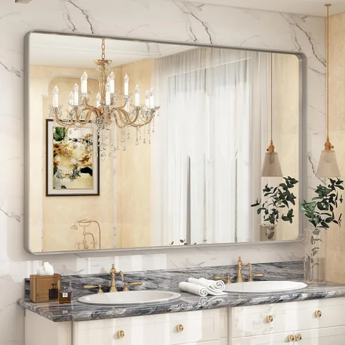 Vista 111 de Paquete de 2 espejos de baño con marco de metal negro de 22 x 30 pulgadas, espejo rectangular redondeado negro mate, antioxidante, se cuelga