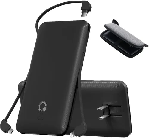 Vista 11 de Q 10000 mAh Banco de energía, cargador portátil delgado, paquete de batería externa con 4 salidas, enchufe de pared AC incorporado, cables Micro USB