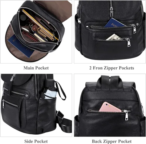 Vista 6 de ALTOSY Mochila de cuero para mujer, bolso casual de moda con múltiples bolsillos y solapa