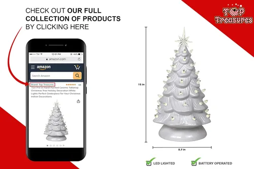 Vista 5 de Árbol de Navidad de cerámica de mesa preiluminado pintado a mano de 15 pulgadas - Decoración navideña con luces blancas - Centro de mesa perfecto