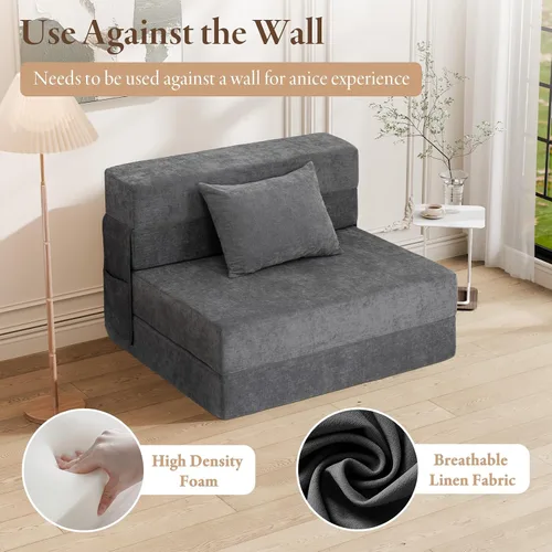 Vista 6 de HOMFINE Sofá cama plegable - Silla cama convertible con cojín, sofá desplegable, colchón de espuma viscoelástica para piso, sofá futón, sofá