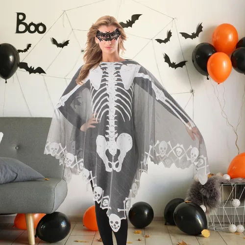 Vista 6 de KOFECIT Poncho de esqueleto de Halloween para mujer, chal de esqueleto de encaje, disfraz de Halloween con máscara