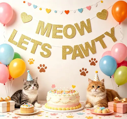 Vista 2 de Pancarta de Meow Let's Pawty – Telones de fondo para fiesta de cumpleaños de gatitos – Pet Cats Party Gold Glitter Paper Photoprops