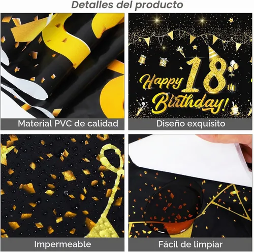 Vista 3 de durony Paquete de 2 manteles de cumpleaños de 18 años, de plástico, color negro y dorado, impermeable, rectangular, para fiestas en interiores