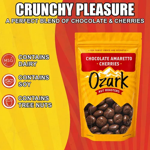 Vista 3 de OZARK NUT ROASTERS, Cerezas de chocolate y amaretto, aperitivos de cereza con sabor a chocolate, cerezas recubiertas de chocolate con leche gourmet