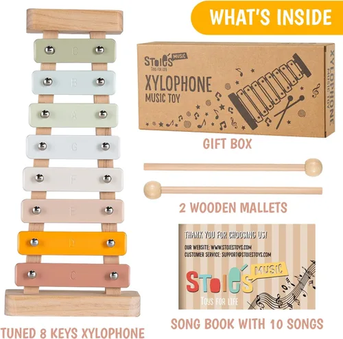Vista 4 de Stoie's Xilófono de madera para niños y bebés, diseño amigable para niños, xilófono de 8 notas con colores de alegría afinado en C-Key con mazos