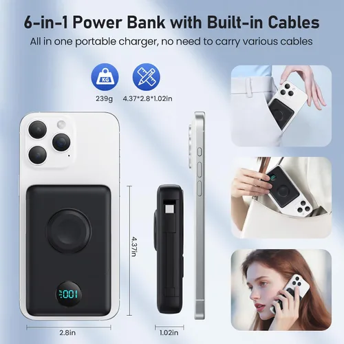 Vista 4 de Cargador portátil magnético para MagSafe con cable integrado, cargador para iWatch, banco de energía inalámbrico de 10800mAh, artículos esenciales