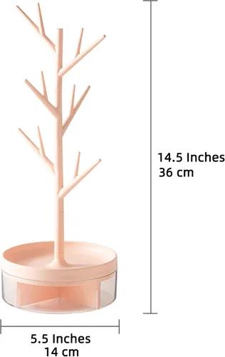 Vista 7 de Estante de joyería de rama con base giratoria y caja de almacenamiento, organizador colgante de torre de árbol para anillos, aretes, collar