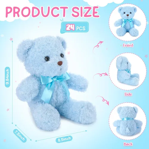 Vista 2 de HyDren 24 piezas de animales de peluche de oso a granel para niños de 10 pulgadas, juguete para dormir y jugar, animales preescolares con lazo, Azul
