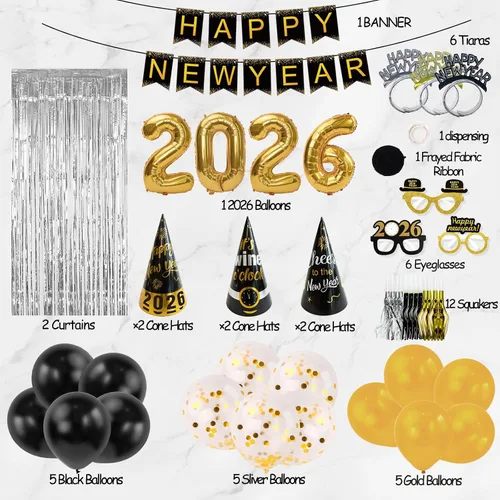 Vista 2 de Suministros para fiesta de Año Nuevo 2026 – Kit de decoración de Feliz Año Nuevo – Juego de 50 unidades incluye pancarta, sombreros, cinta, gafas