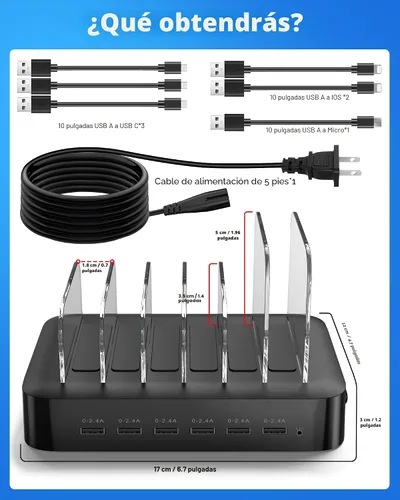 Vista 8 de MSTJRY Estación de carga para múltiples dispositivos: estaciones de carga USB de 6 puertos - Base de carga organizadora familiar para múltiples Negro
