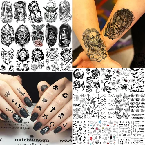 Vista 2 de 60 hojas de tatuajes temporales 3D de león y tigre geniales para hombres y mujeres, tatuajes falsos pequeños y aterradores de diablo, calavera
